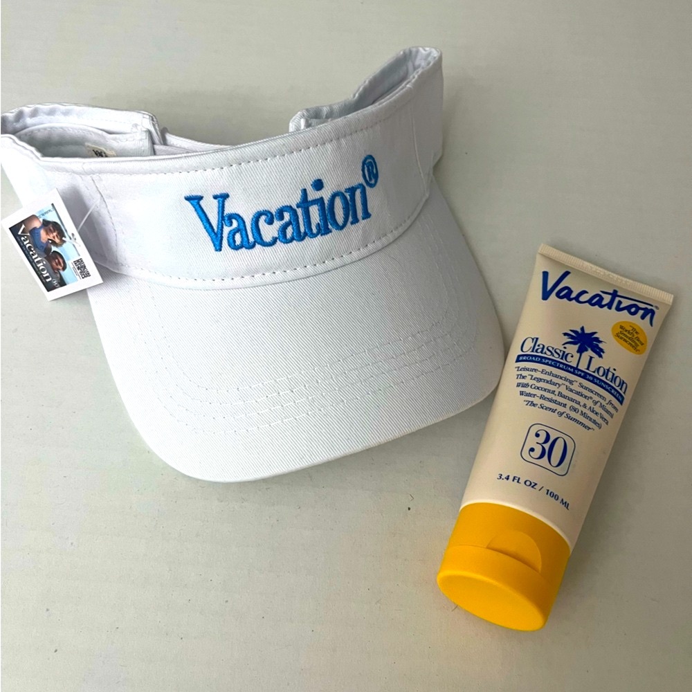 Vacation Inc visor and sunscreen lotion